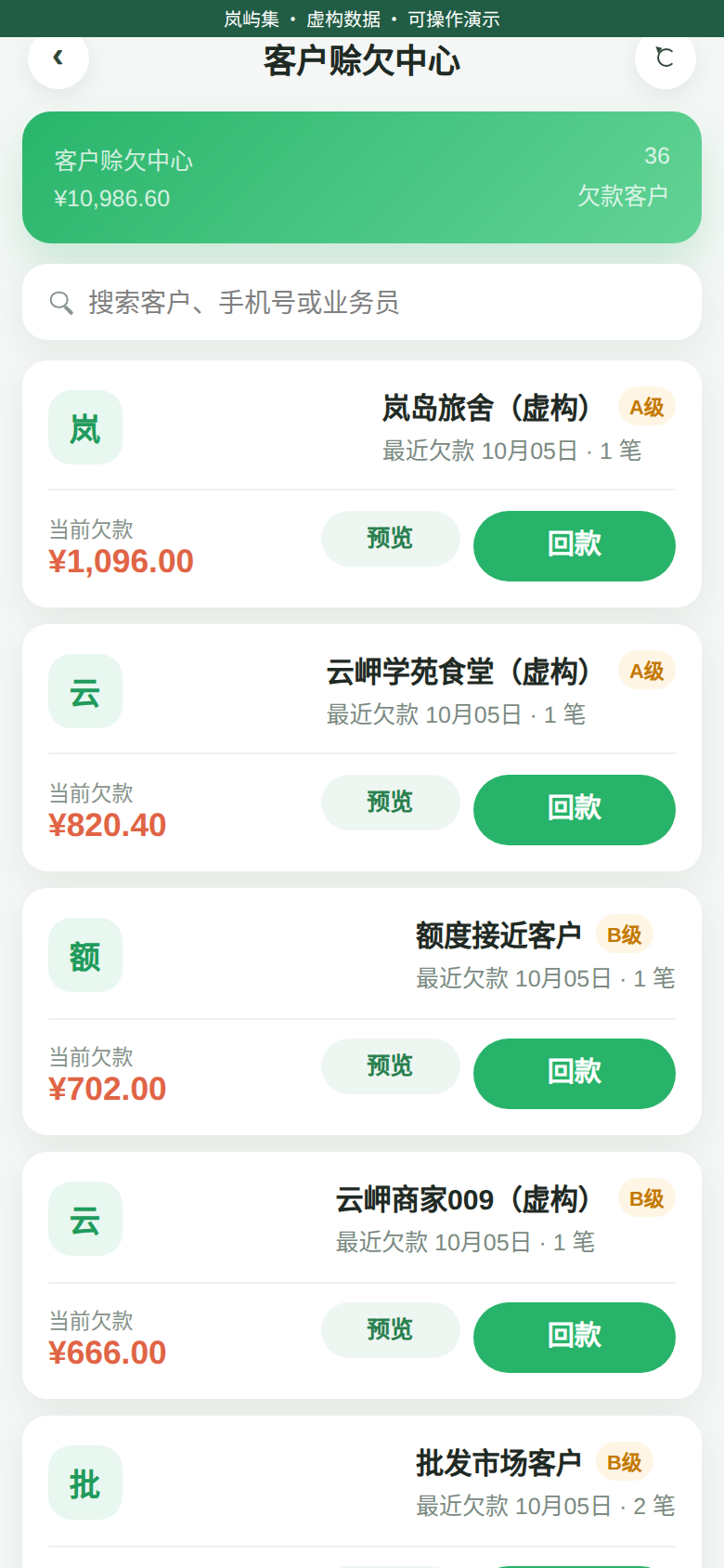 客户欠款,虚构数据